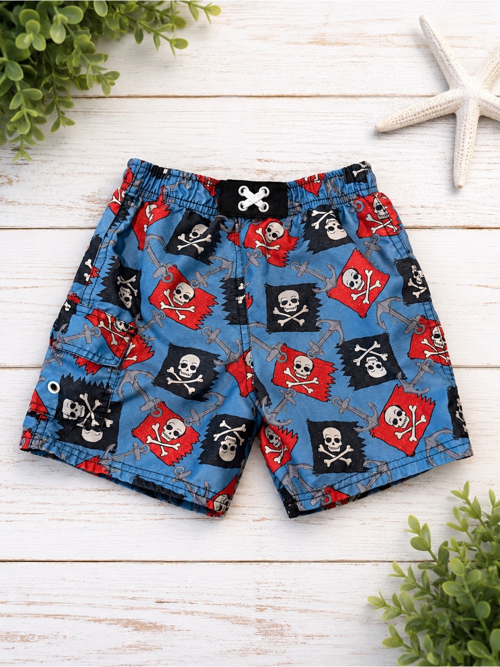 OP Toddler Boys Pirate Skull Swim Trunks Blue Red Size 24M